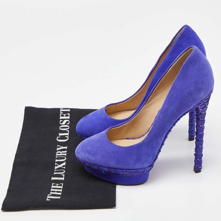 Pre Owned Brian Atwood Blue Suede and Snakeskin Embossed Leather Platform Pumps Size 37