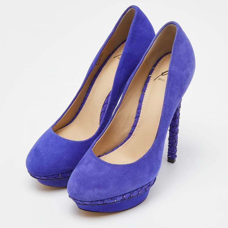 Pre Owned Brian Atwood Blue Suede and Snakeskin Embossed Leather Platform Pumps Size 37