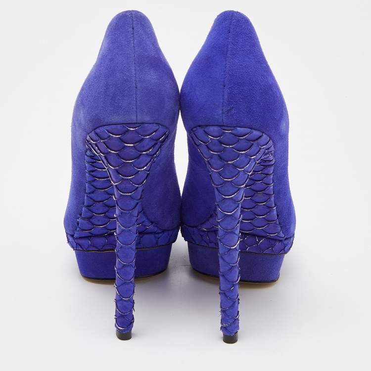 Pre Owned Brian Atwood Blue Suede and Snakeskin Embossed Leather Platform Pumps Size 37