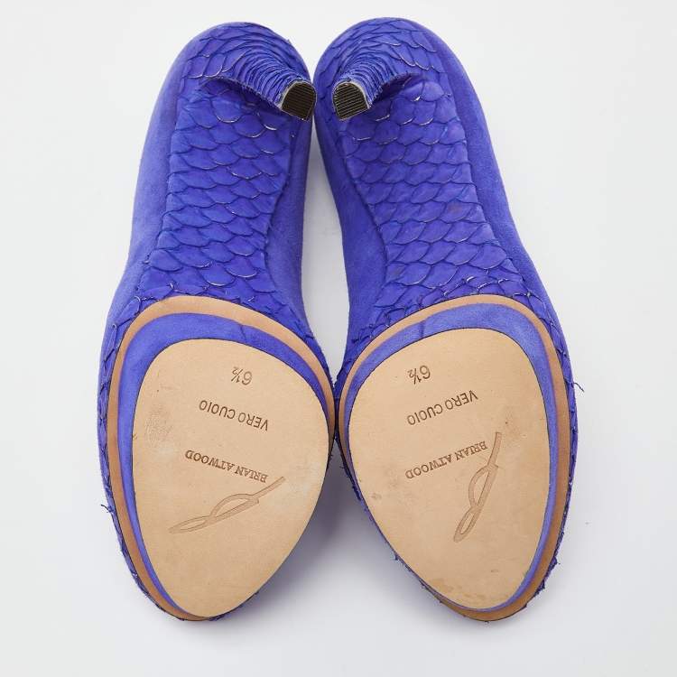 Pre Owned Brian Atwood Blue Suede and Snakeskin Embossed Leather Platform Pumps Size 37