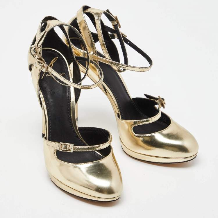 Pre Owned Brian Atwood Gold Laminated Leather Slingback Pumps Size 37