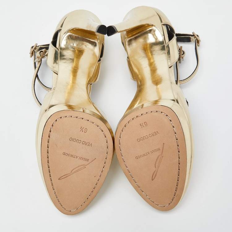 Pre Owned Brian Atwood Gold Laminated Leather Slingback Pumps Size 37
