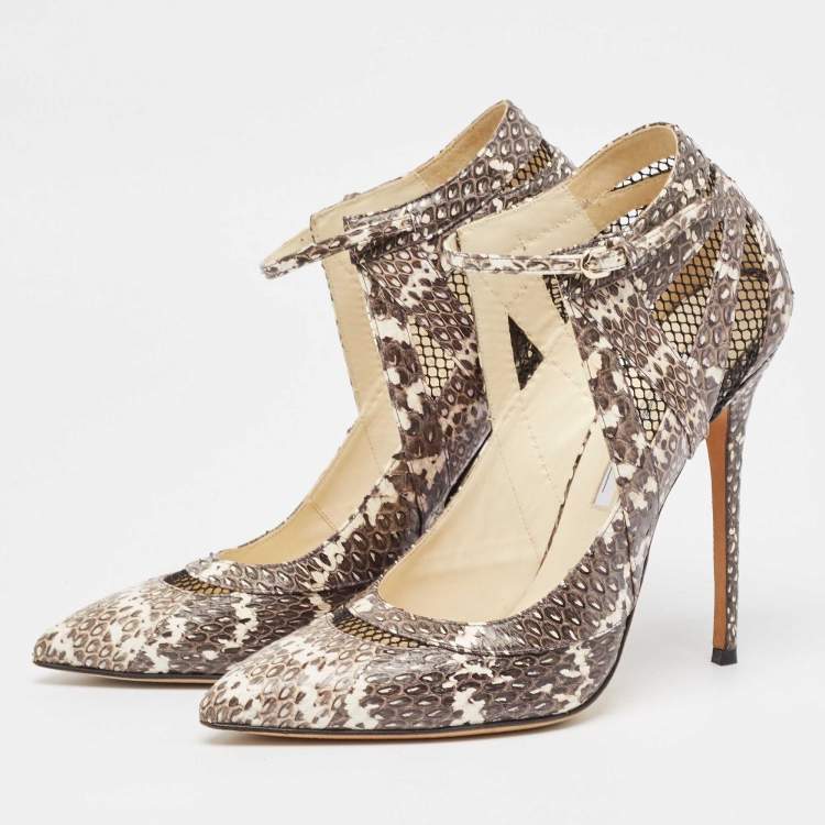 Pre Owned Brian Atwood Grey/White Snakeskin and Mesh Ankle Strap Pumps Size 41