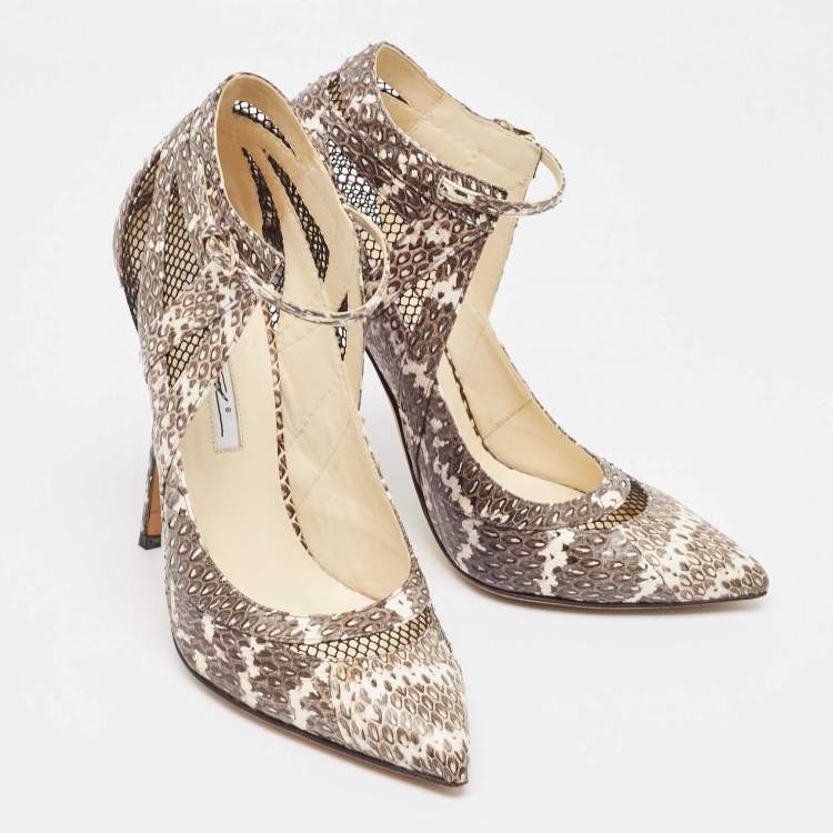 Pre Owned Brian Atwood Grey/White Snakeskin and Mesh Ankle Strap Pumps Size 41