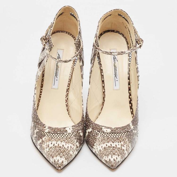 Pre Owned Brian Atwood Grey/White Snakeskin and Mesh Ankle Strap Pumps Size 41