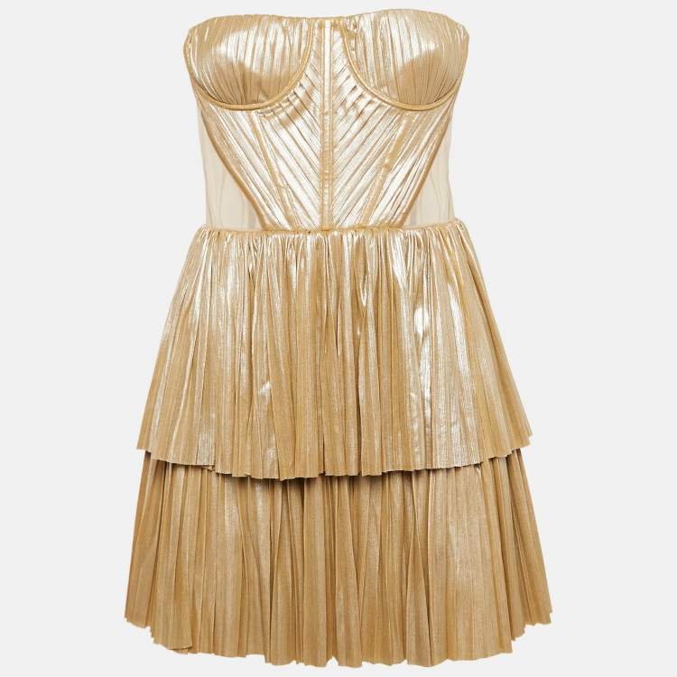 Pre Owned Bronx & Banco Beige Metallic Jersey and Tulle Florence Strapless Mini Dress S