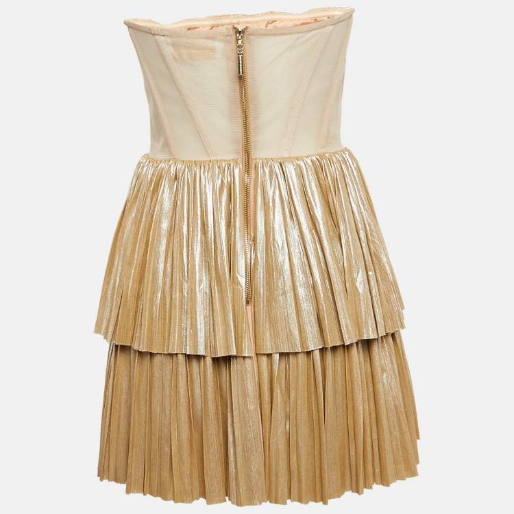 Pre Owned Bronx & Banco Beige Metallic Jersey and Tulle Florence Strapless Mini Dress S