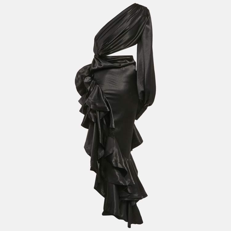 مملوكة مسبقًا Bronx & Banco Black Satin Cut-Out One Shoulder Ruffled Gown XS