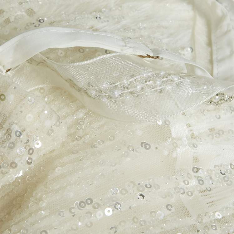 Pre Owned Bronx & Banco White Sequin Tulle Feather Trim Mademoiselle Bridal Mini Dress S