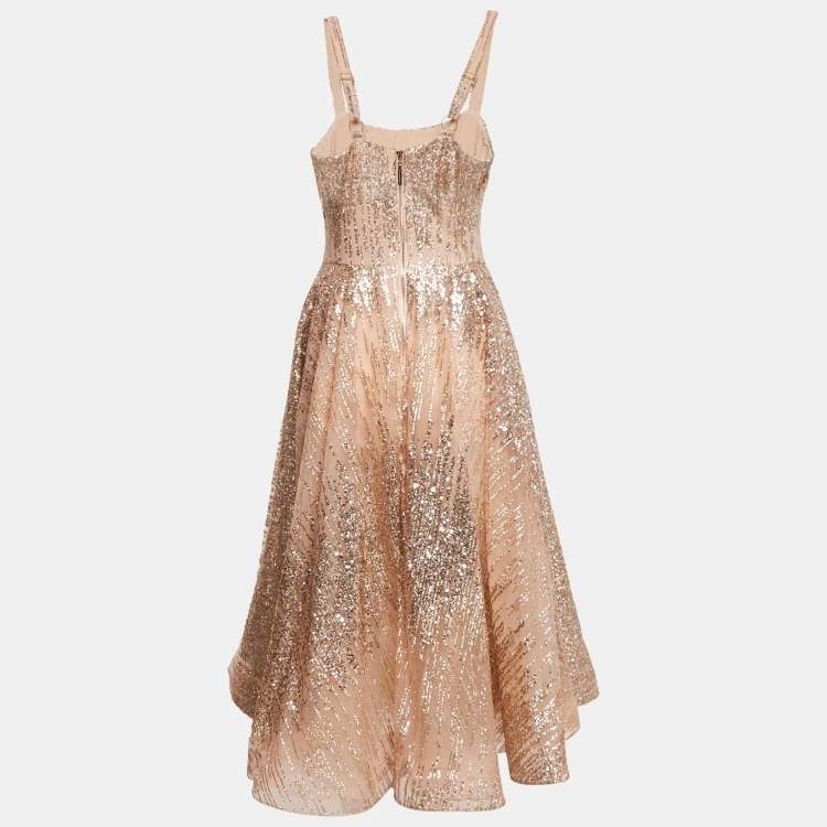 Pre Owned Bronx & Banco Beige Glitter Embellished Tulle Bustier Midi Dress S