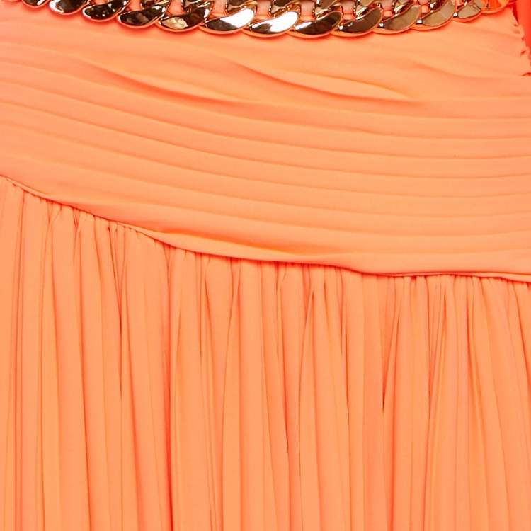 Pre Owned Bronx & Banco Orange Crepe Pleated One Shoulder Jafari Gown XS