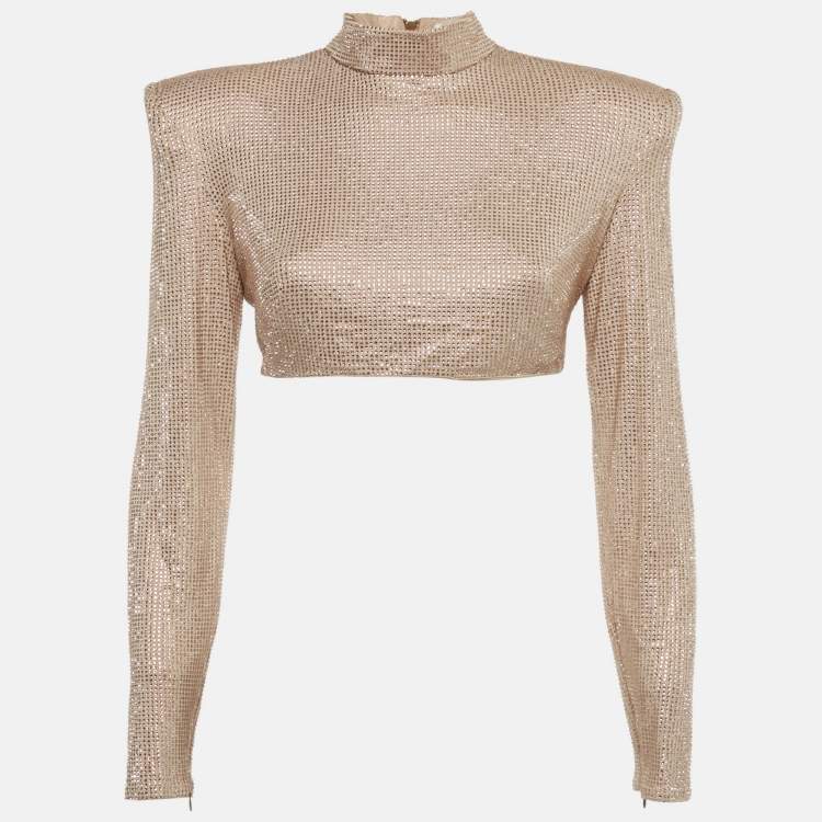 Pre Owned Bronx & Banco Beige Studded Jersey Zip-Up Cropped Jacket M