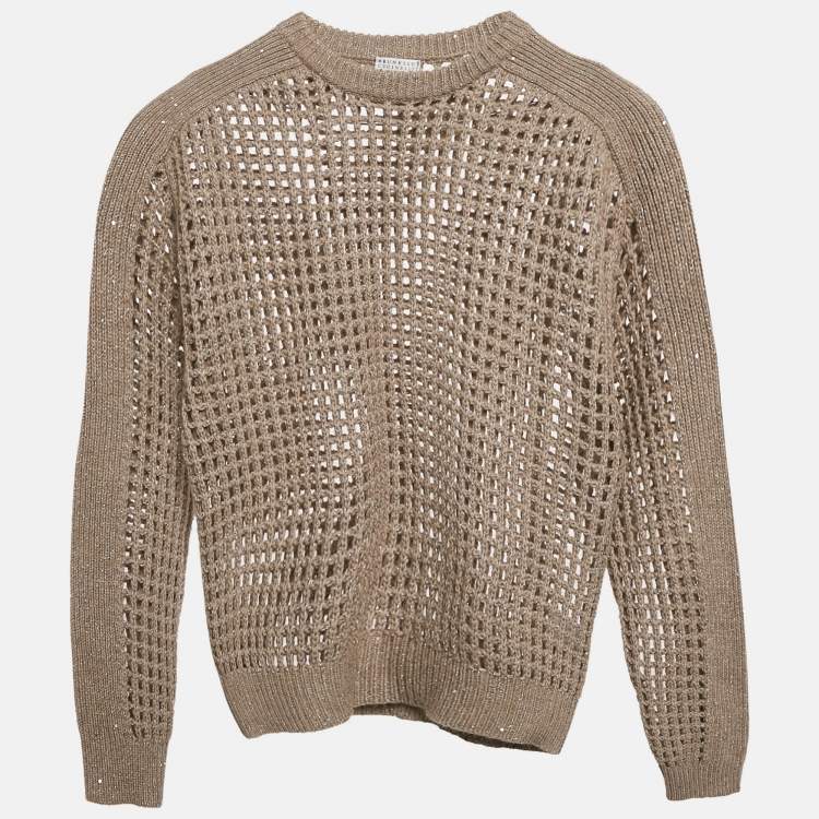 Pre Owned Brunello Cucinelli Beige Wool and Lurex Open Knit Sweater M