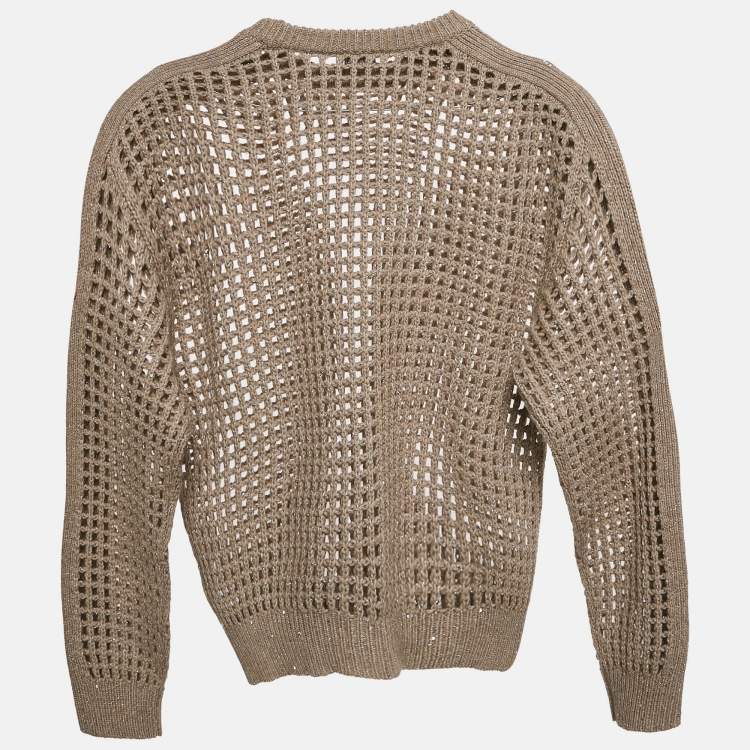 Pre Owned Brunello Cucinelli Beige Wool and Lurex Open Knit Sweater M