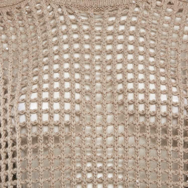 Pre Owned Brunello Cucinelli Beige Wool and Lurex Open Knit Sweater M