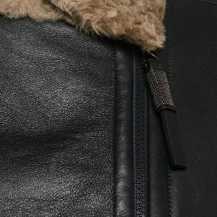 Pre Owned Brunello Cucinelli Black Leather Shearling Trimmed Zip-Up Jacket M