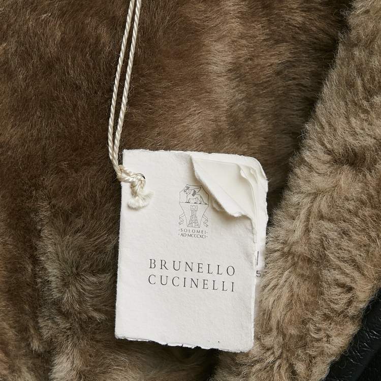 Pre Owned Brunello Cucinelli Black Leather Shearling Trimmed Zip-Up Jacket M