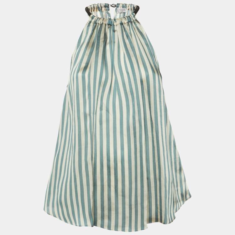 Pre Owned Brunello Cucinelli Blue Striped Organza Monili Halter Neck Top XS