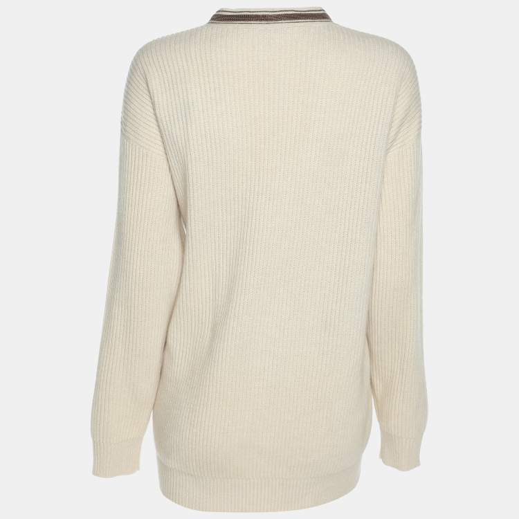 Pre Owned Brunello Cucinelli Cream Cashmere Rib Knit Embellished Sweater M