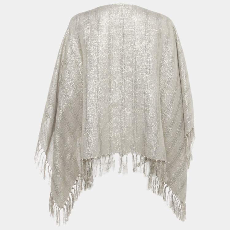 Pre Owned Brunello Cucinelli Beige Lurex and Linen Fringed Poncho One Size