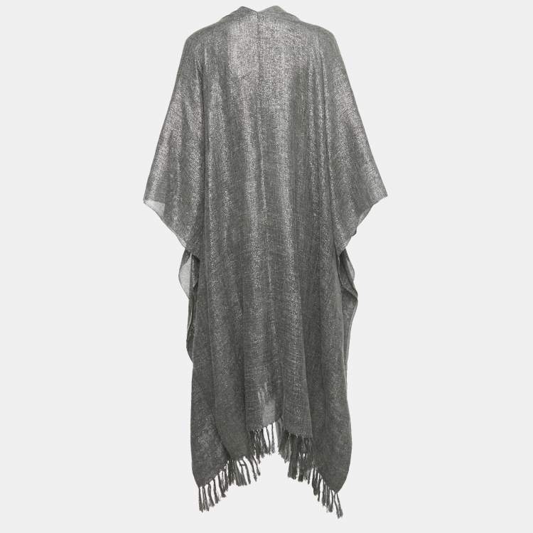 Pre Owned Brunello Cucinelli Grey Lurex Linen Fringed Cape One Size 