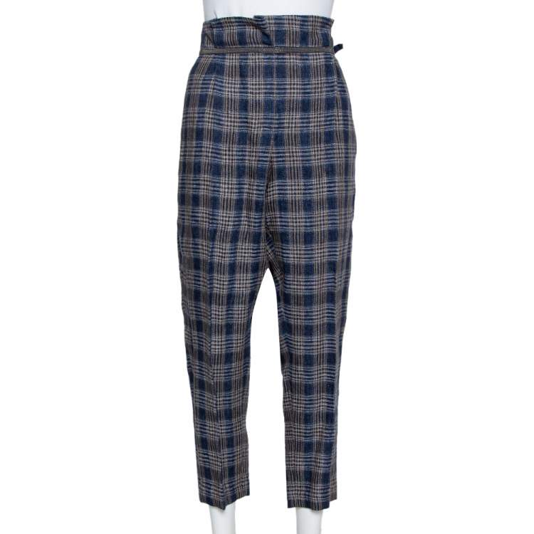 Pre Owned Brunello Cucinelli Navy Blue Plaid Linen Paper Bag Waist Trousers M
