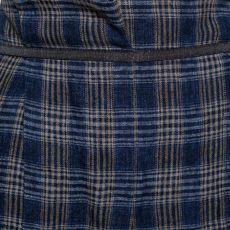 Pre Owned Brunello Cucinelli Navy Blue Plaid Linen Paper Bag Waist Trousers M