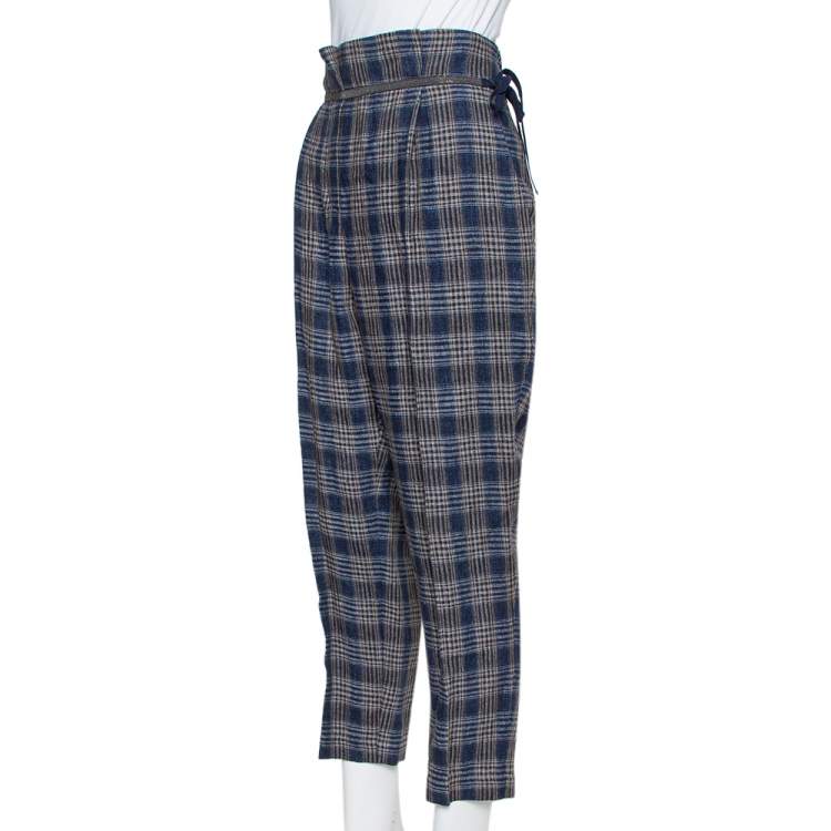 Pre Owned Brunello Cucinelli Navy Blue Plaid Linen Paper Bag Waist Trousers M