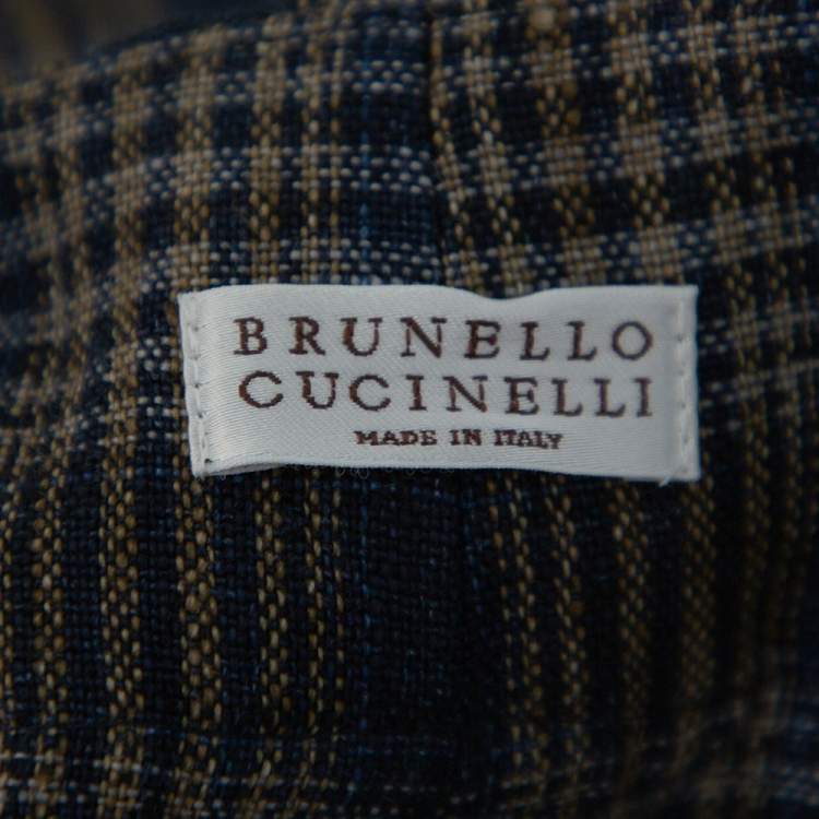Pre Owned Brunello Cucinelli Navy Blue Plaid Linen Paper Bag Waist Trousers M