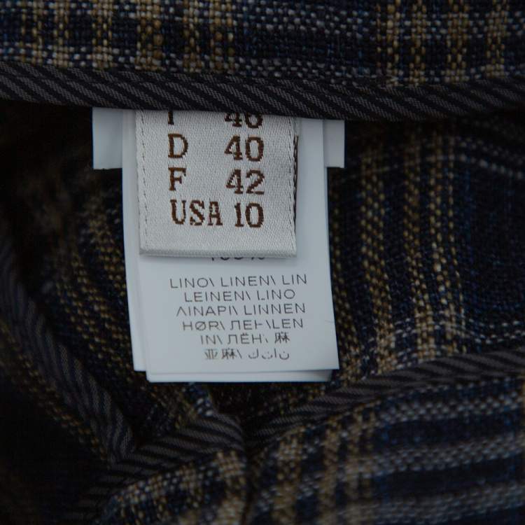 Pre Owned Brunello Cucinelli Navy Blue Plaid Linen Paper Bag Waist Trousers M