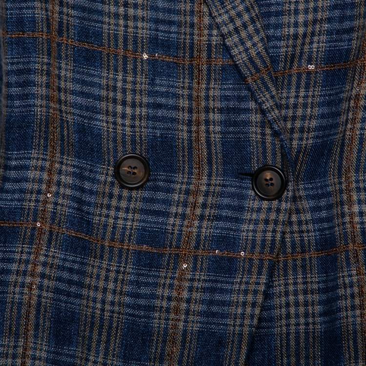 Pre Owned Brunello Cucinelli Navy Blue Plaided Linen Sequin Embellished Double Breasted Blazer M