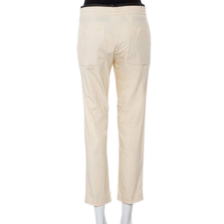 Pre Owned Brunello Cucinelli Cream Cotton Contrast Trim Tapered Leg Trousers S