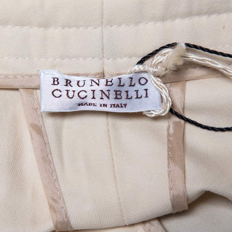 Pre Owned Brunello Cucinelli Cream Cotton Contrast Trim Tapered Leg Trousers S