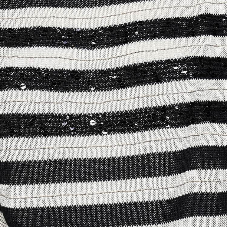 Pre Owned Brunello Cucinelli Monochrome Striped Cotton Knit Sequined Detail Sweater M