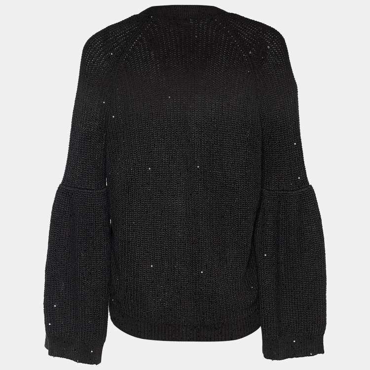 Pre Owned Brunello Cucinelli Anthracite Grey Sequined Peplum Sleeve Cardigan L