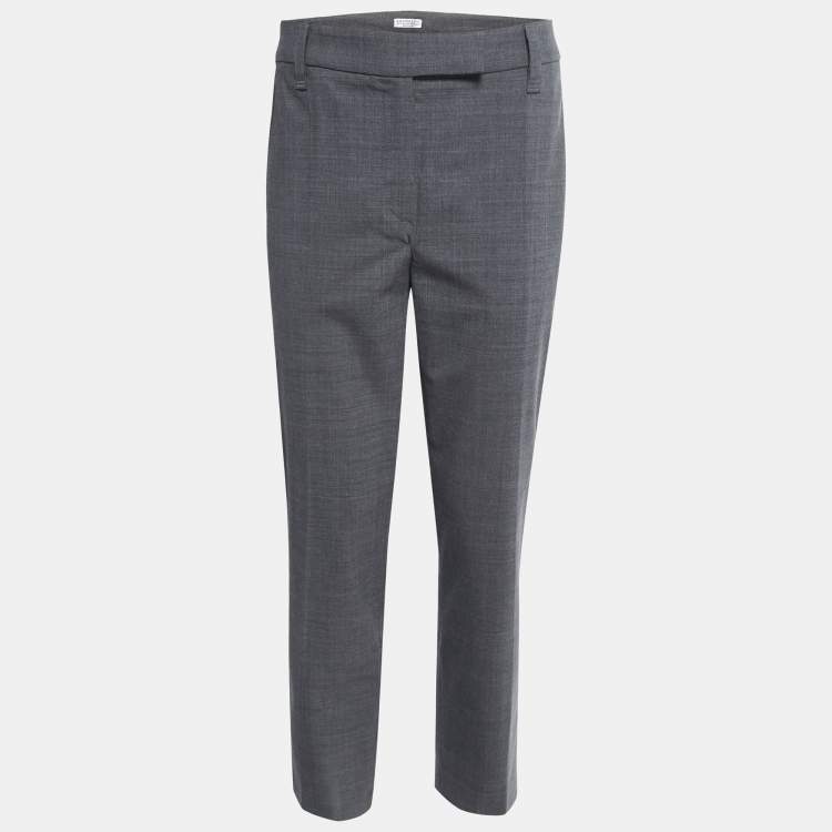 Pre Owned Brunello Cucinelli Grey Wool Monili Trim Slim Fit Trousers M