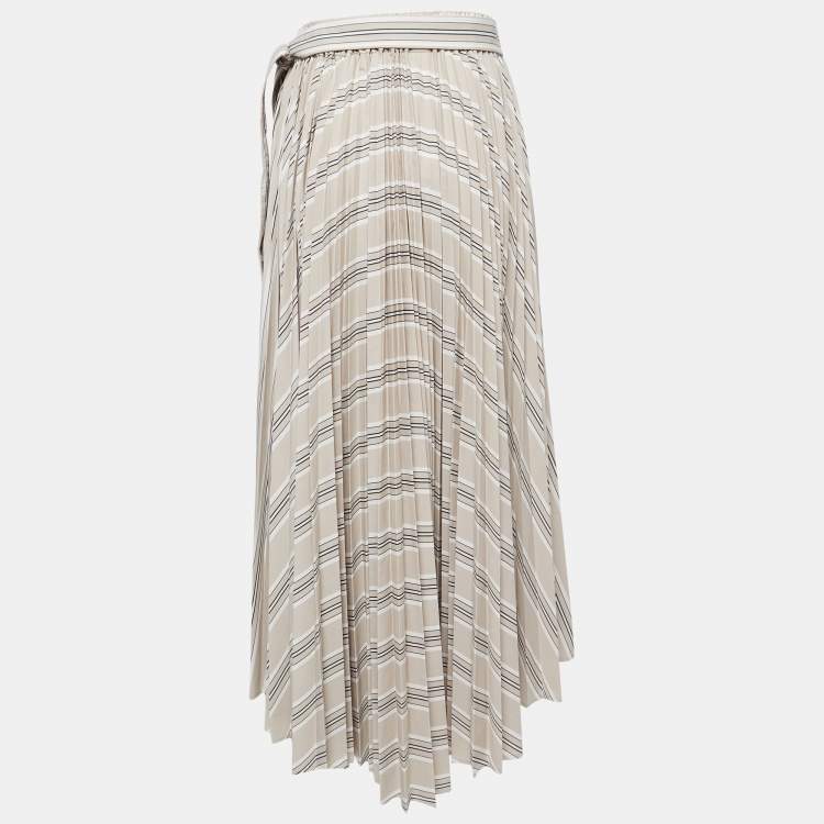 Pre Owned Brunello Cucinelli Beige Stripe Print Cotton Blend Pleated Midi Skirt M