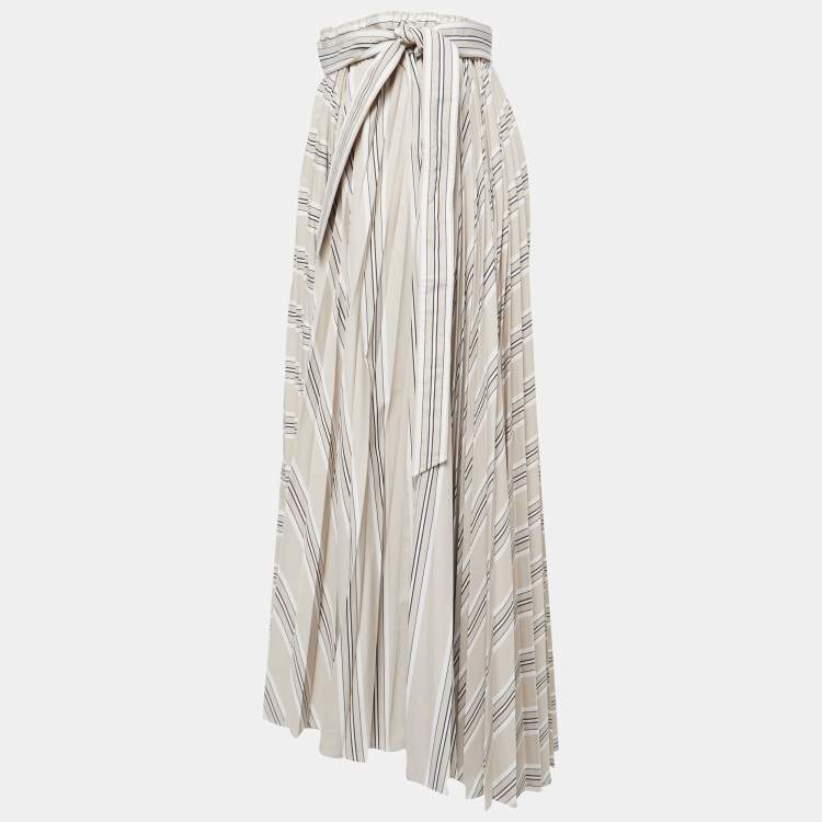 Pre Owned Brunello Cucinelli Beige Stripe Print Cotton Blend Pleated Midi Skirt M