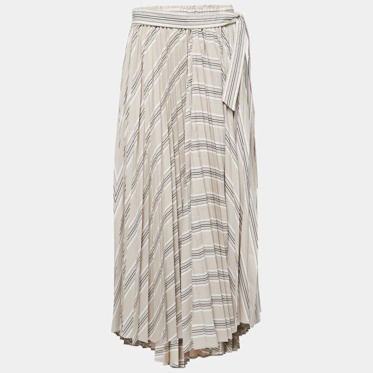 Pre Owned Brunello Cucinelli Beige Stripe Print Cotton Blend Pleated Midi Skirt M