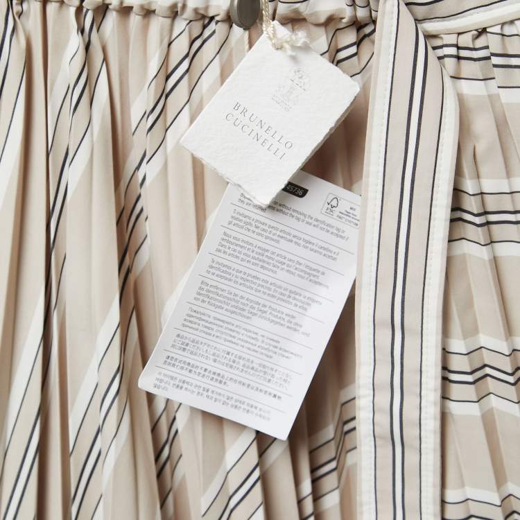 Pre Owned Brunello Cucinelli Beige Stripe Print Cotton Blend Pleated Midi Skirt M