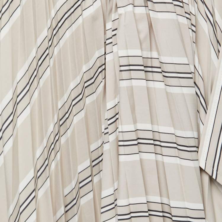 Pre Owned Brunello Cucinelli Beige Stripe Print Cotton Blend Pleated Midi Skirt M