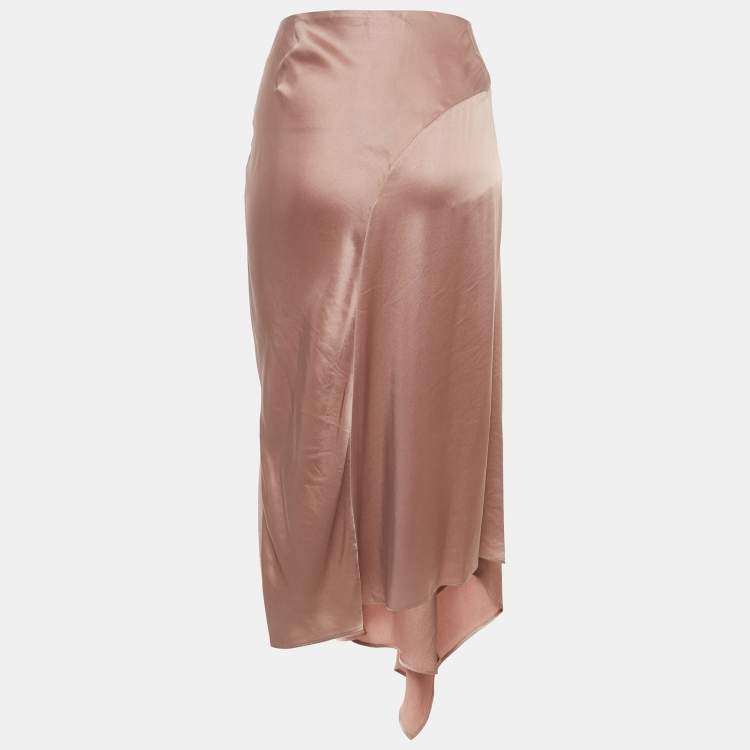 Pre Owned Brunello Cucinelli Pink Satin Asymmetric Midi Skirt L 