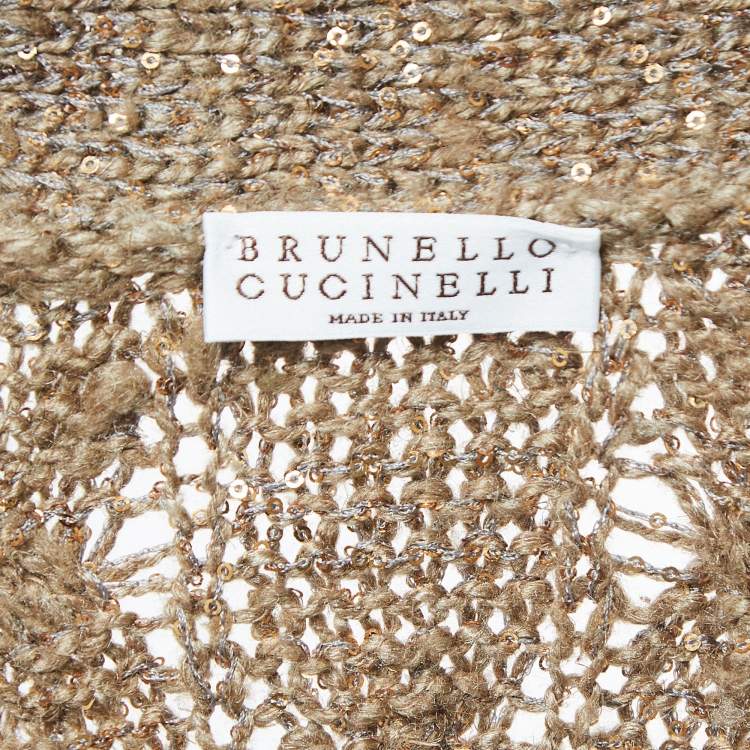 Pre Owned Brunello Cucinelli Borwn Sequined Cable Knit Cardigan XL