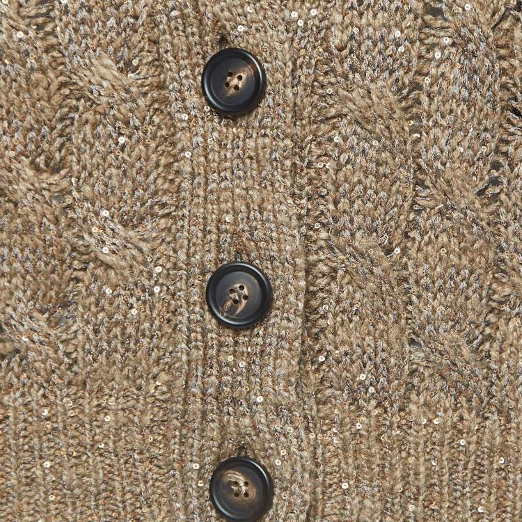 Pre Owned Brunello Cucinelli Borwn Sequined Cable Knit Cardigan XL