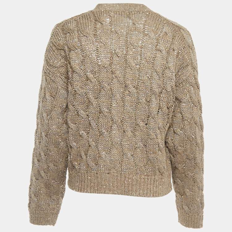 Pre Owned Brunello Cucinelli Borwn Sequined Cable Knit Cardigan XL