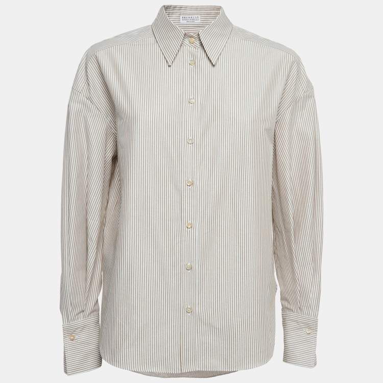 Pre Owned Brunello Cucinelli White/Brown Striped Cotton Shirt L