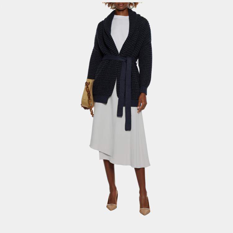 Pre Owned Brunello Cucinelli Blue Lurex Wool Blend Knit Belted Cardigan M