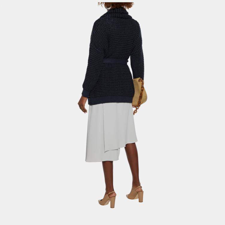 Pre Owned Brunello Cucinelli Blue Lurex Wool Blend Knit Belted Cardigan M
