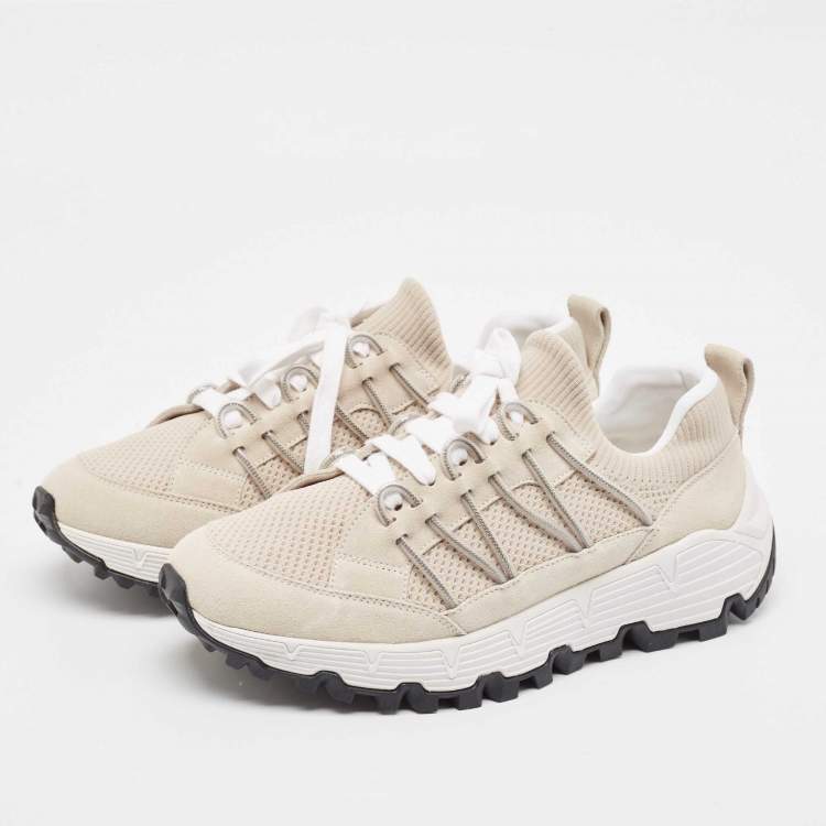 Pre Owned Brunello Cucinelli Grey/Beige Fabric and Suede Lace Up Sneakers Size 41