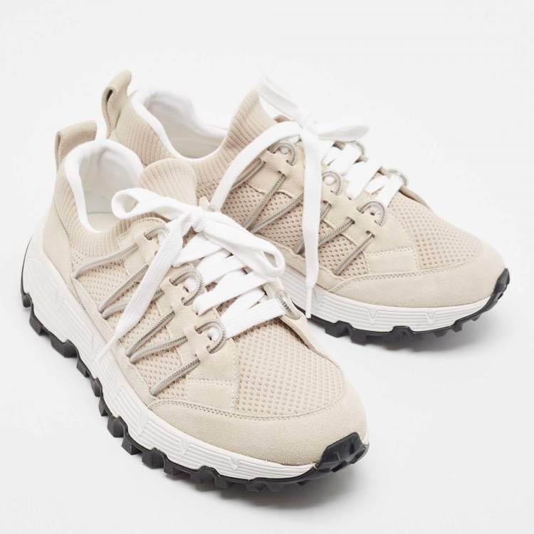 Pre Owned Brunello Cucinelli Grey/Beige Fabric and Suede Lace Up Sneakers Size 41